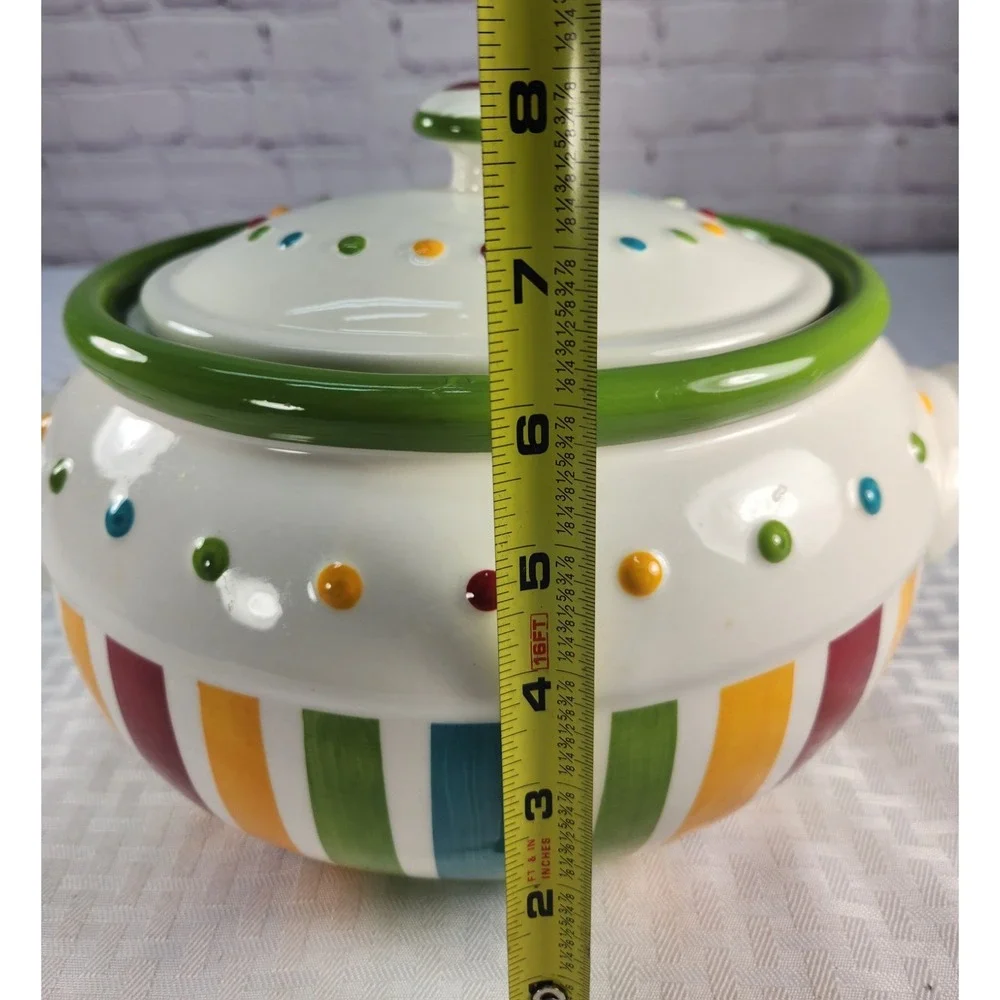 Celebrating Home Covered Stoneware Casserole Dish Tureen Polka Dot Stripe Lid